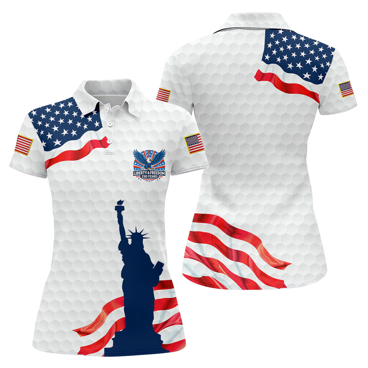Liberty And Freedom 250 Years Golf Ball Pattern Patriotic Golf Shirt, 4th Of July Golf Shirt For Women