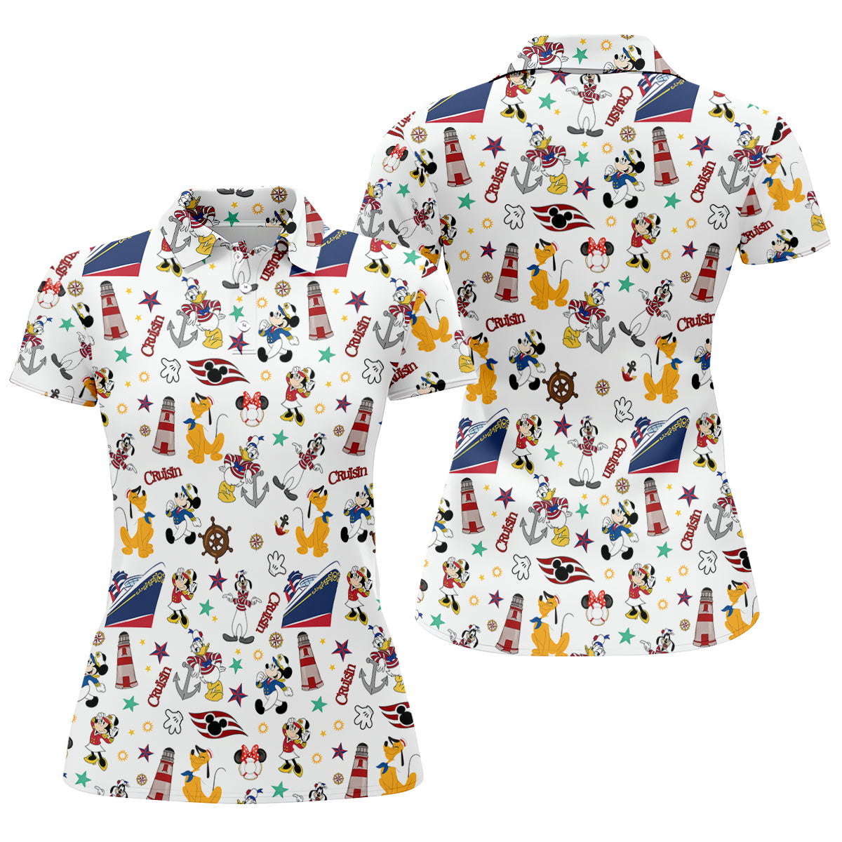 Cartoon Cruise Vacation Pattern Golf Polo Shirt, Golf Shirts For Women, Women’s Golf Polo