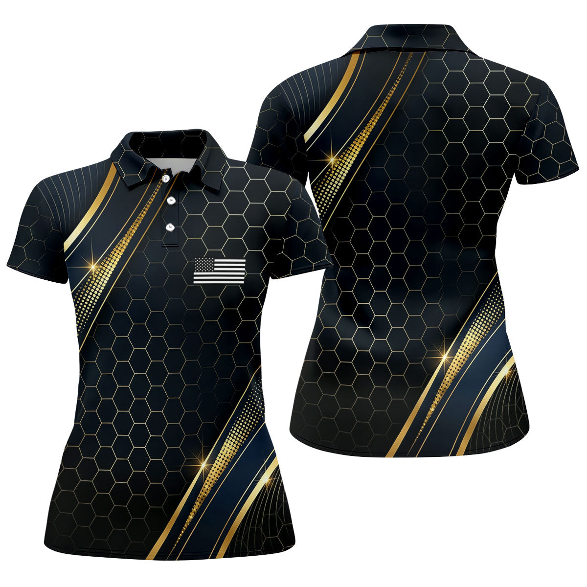 Gold Hexagonal US Flag Logo Retro Golf Shirt, 250 Years Patriotic 4th Of July Golf Shirt For Women