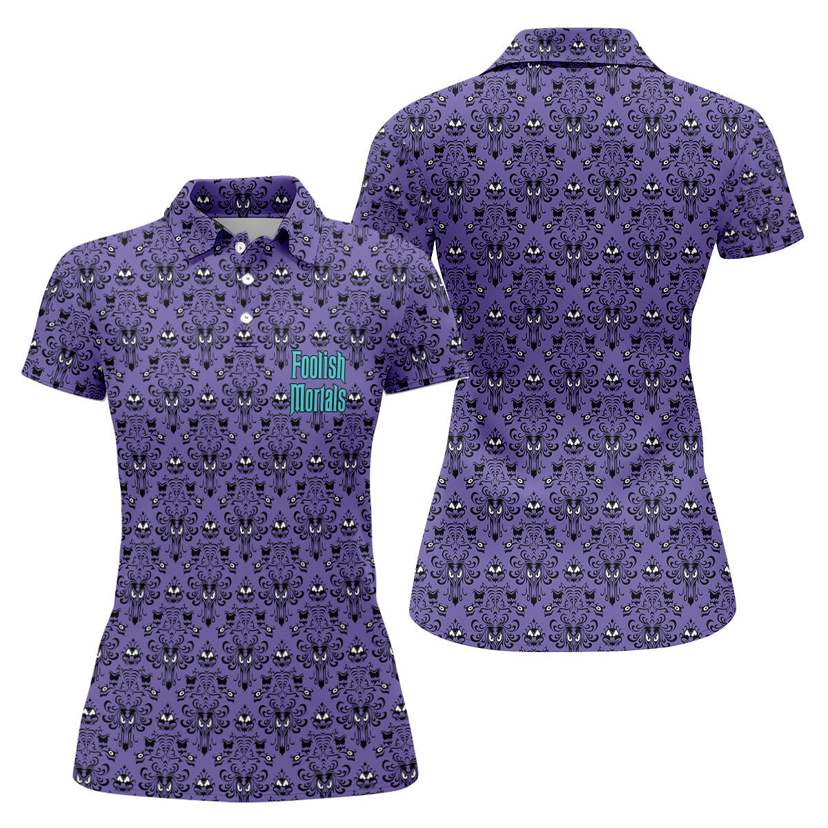 Foolish Mortals Haunted Pattern Golf Polo Shirt, Women's Halloween Shirt, Womens Golf Tops