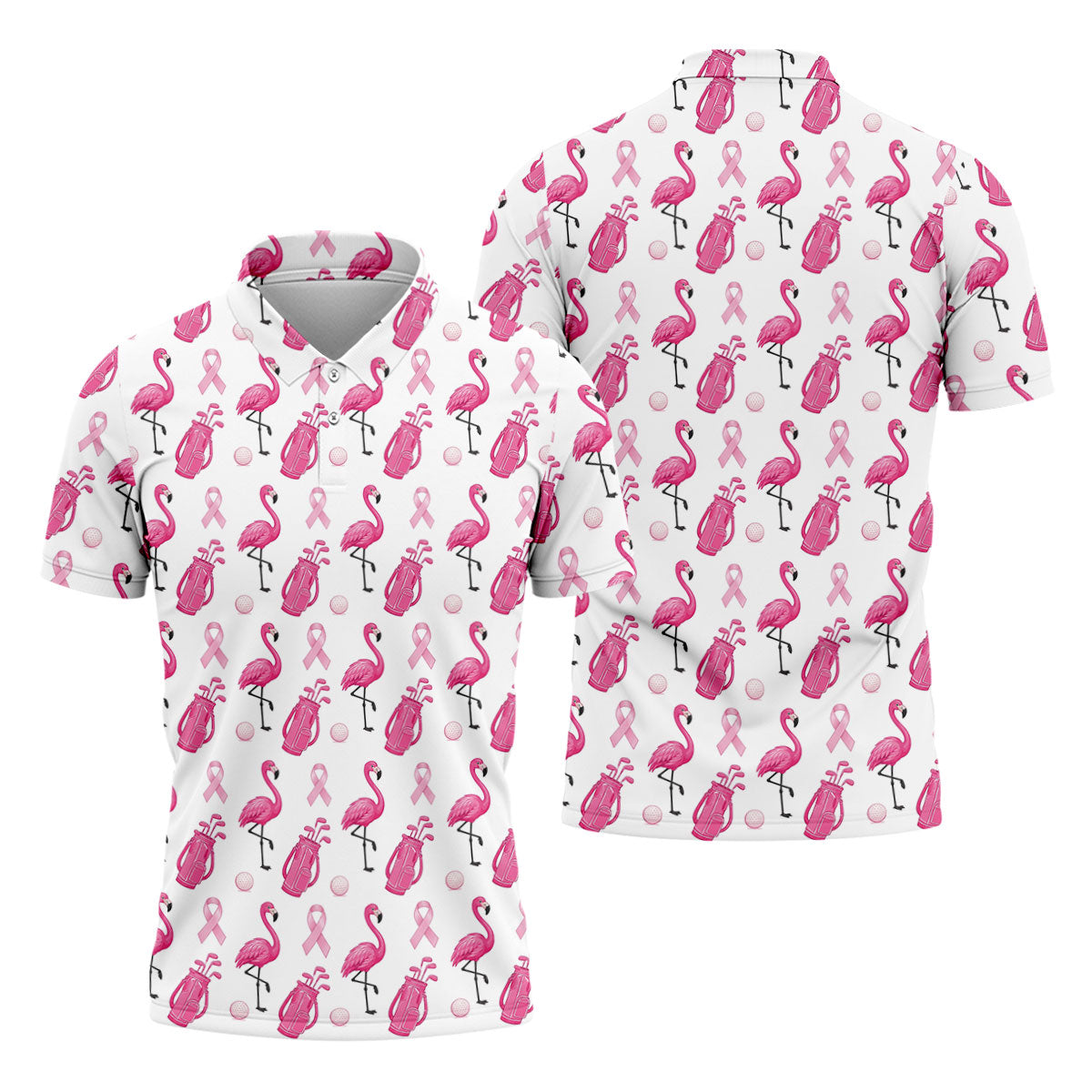 Pink Flamingo Golf Bag Breast Cancer Polo Shirt, Men's Golf Shirt, Printed Golf Shirts