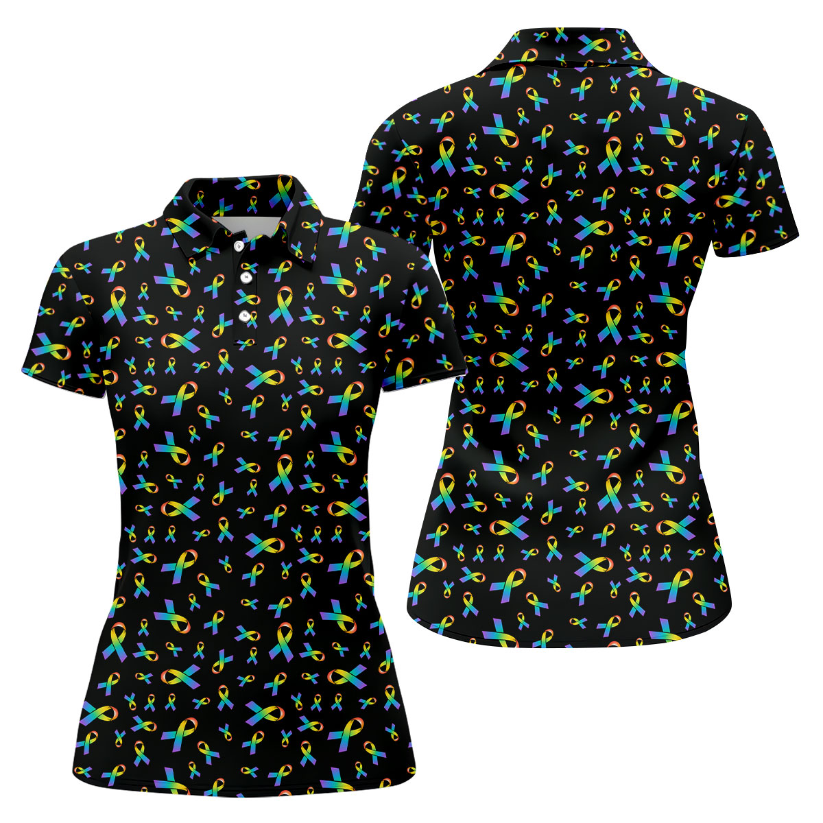 Rainbow Awareness Ribbon Breast Cancer Polo Shirt, Womens Golf Tops, Printed Golf Shirt