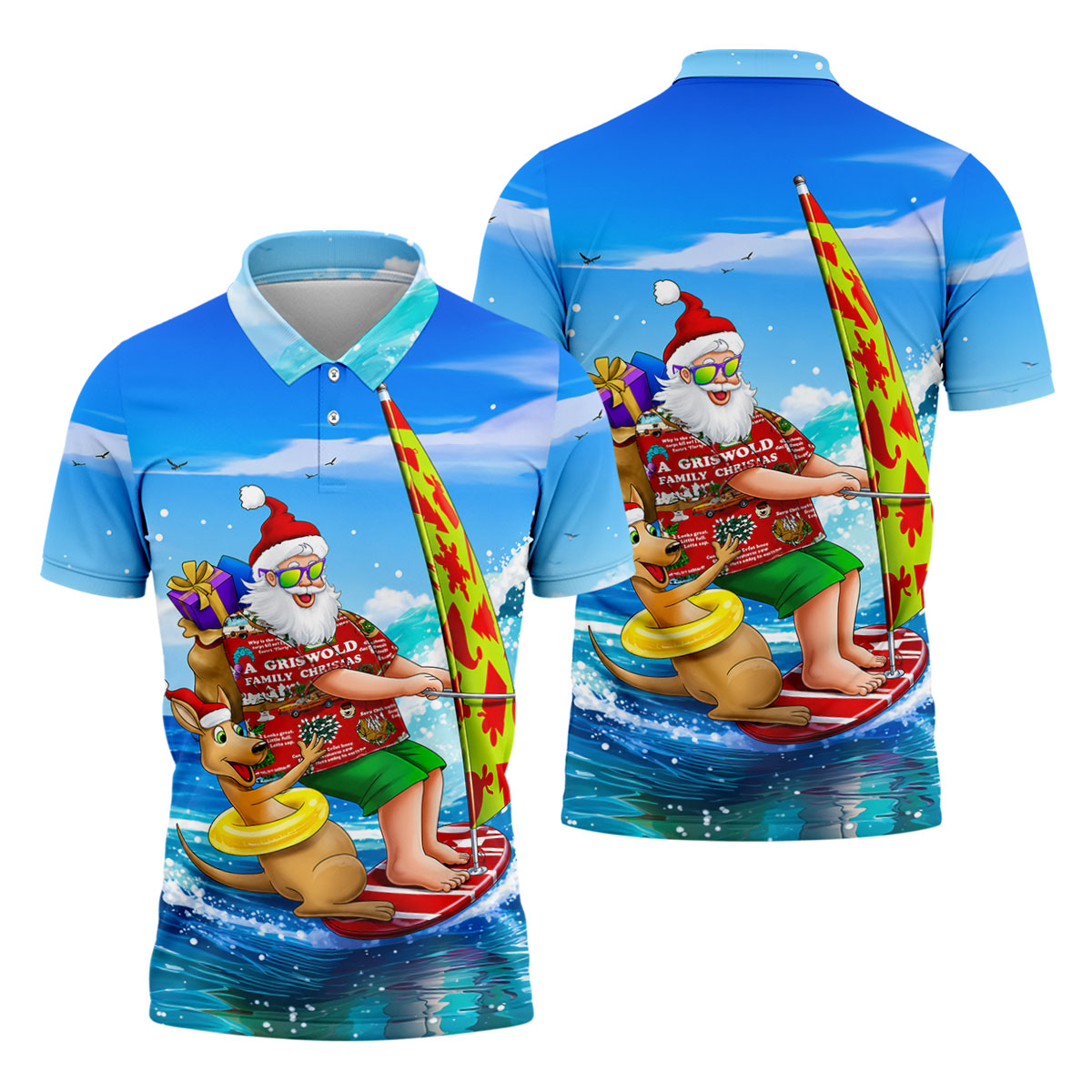 Santa And Reindeer Beach Surfing Christmas Golf Shirt, Men's Golf Shirt, Hawaiian Golf Shirt