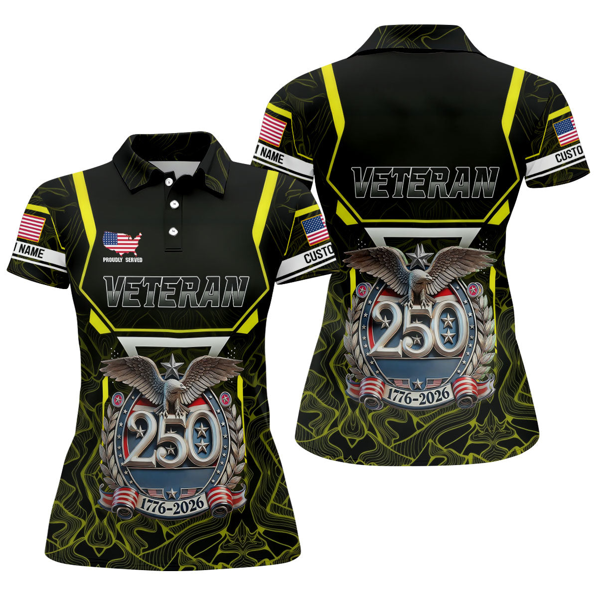 Personalized Veteran America 250 Polo Shirt Yellow Accent, Golf Shirts For Women, Women’s Golf Apparel