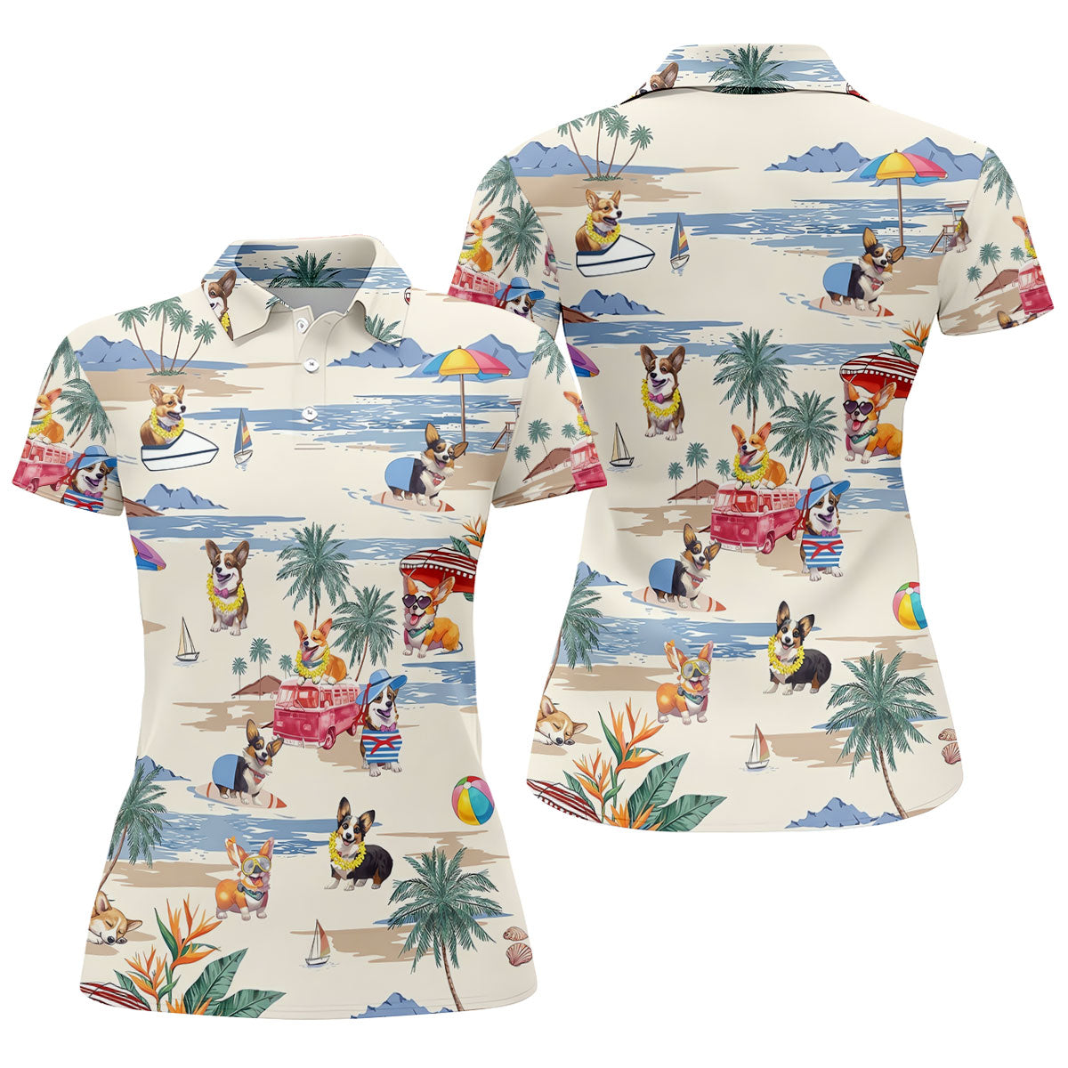 Cute Corgi Beach Vacation Golf Polo Shirt, Golf Shirts For Women, Ladies Golf Tops