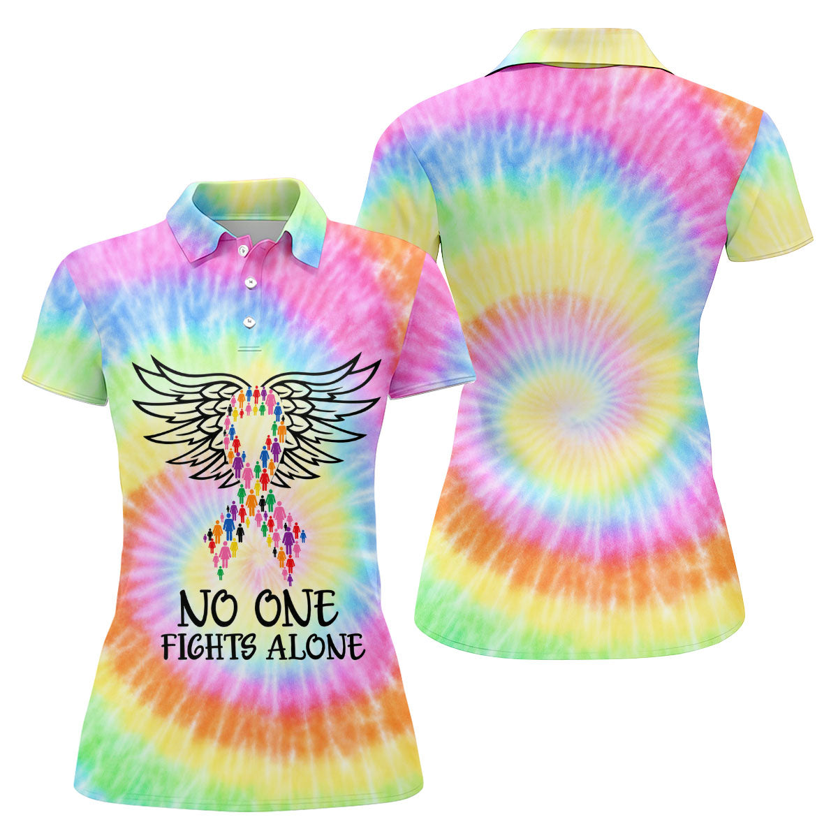 No One Fights Alone Cancer Ribbon Wings Polo Shirt, Women's Golf Polo, Ladies Golf Shirts