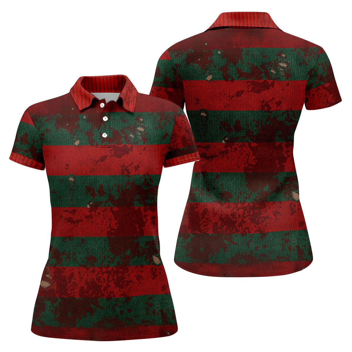 Distressed Red Green Horror Knit Golf Polo Shirt, Ladies Golf Tops, Golf Shirts For Women