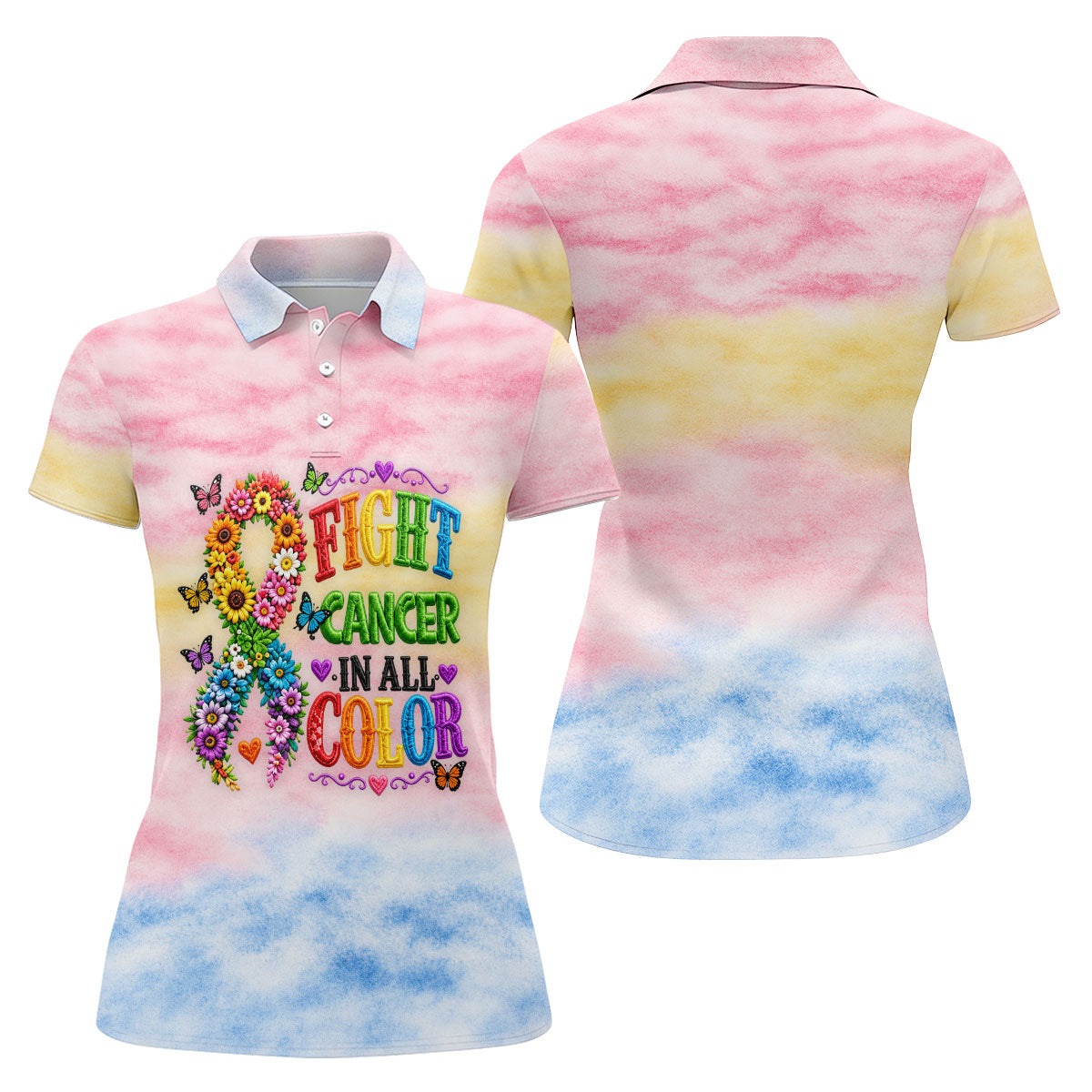 Fight Cancer In All Color Floral Ribbon Polo Shirt, Ladies Golf Shirt, Womens Golf Tops