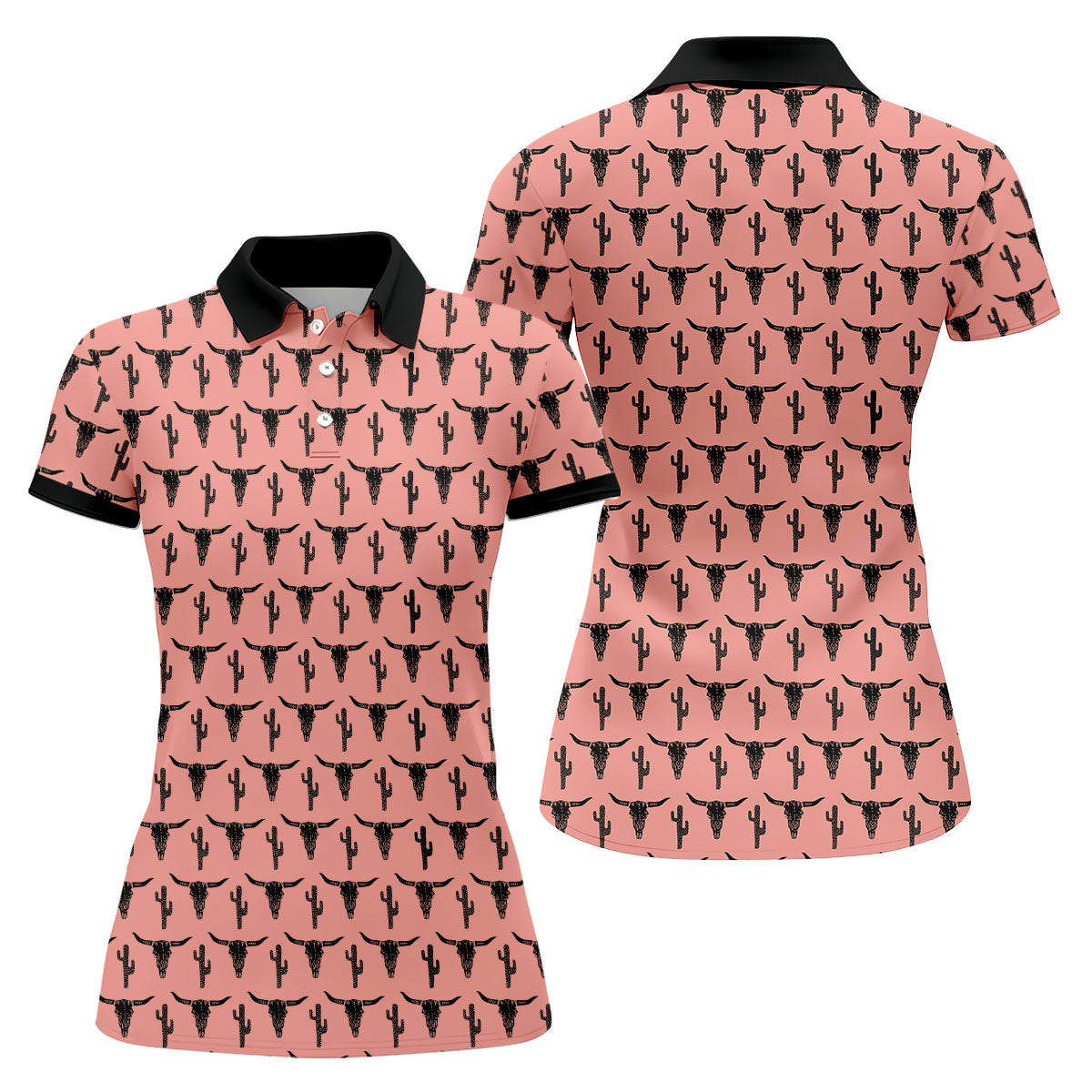 Longhorn Cow Skull Western Theme Peach Pink Women Golf Top, Ladies Golf Shirts, Golf Shirt For Women
