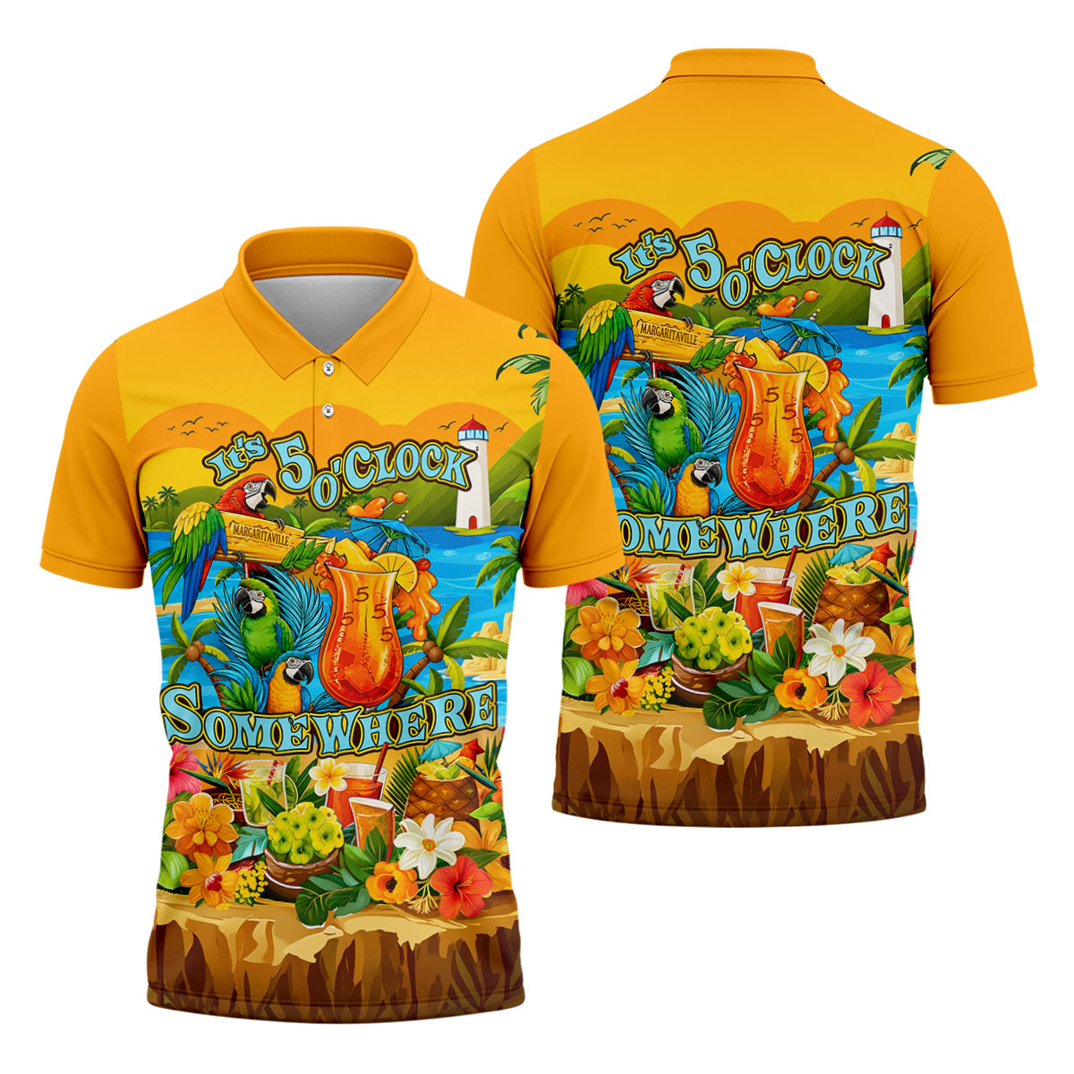 Golden Tropical Parrot Beach Cocktail Golf Polo Shirt, Men's Golf Shirt, Golf Polo Shirts For Men