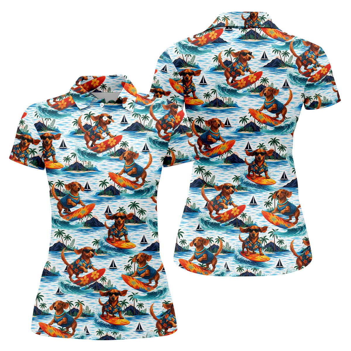 Funny Dachshund Surfing Beach Hawaiian Golf Shirt, Summer Vibe Golf Shirt For Women