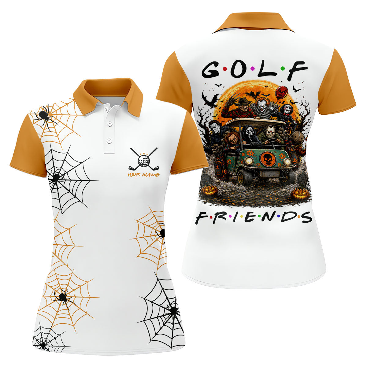 Custom Name Halloween Horror Character Golf Shirt, Golf Shirts For Women, Printed Golf Shirt