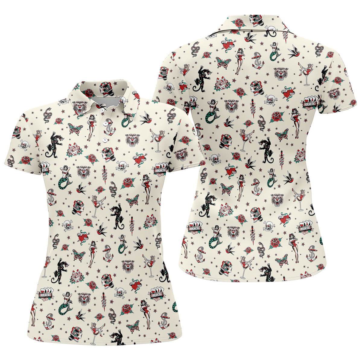 Old School Tattoo Flash Pattern Golf Polo Shirt, Women's Golf Tops, Ladies Golf Shirt
