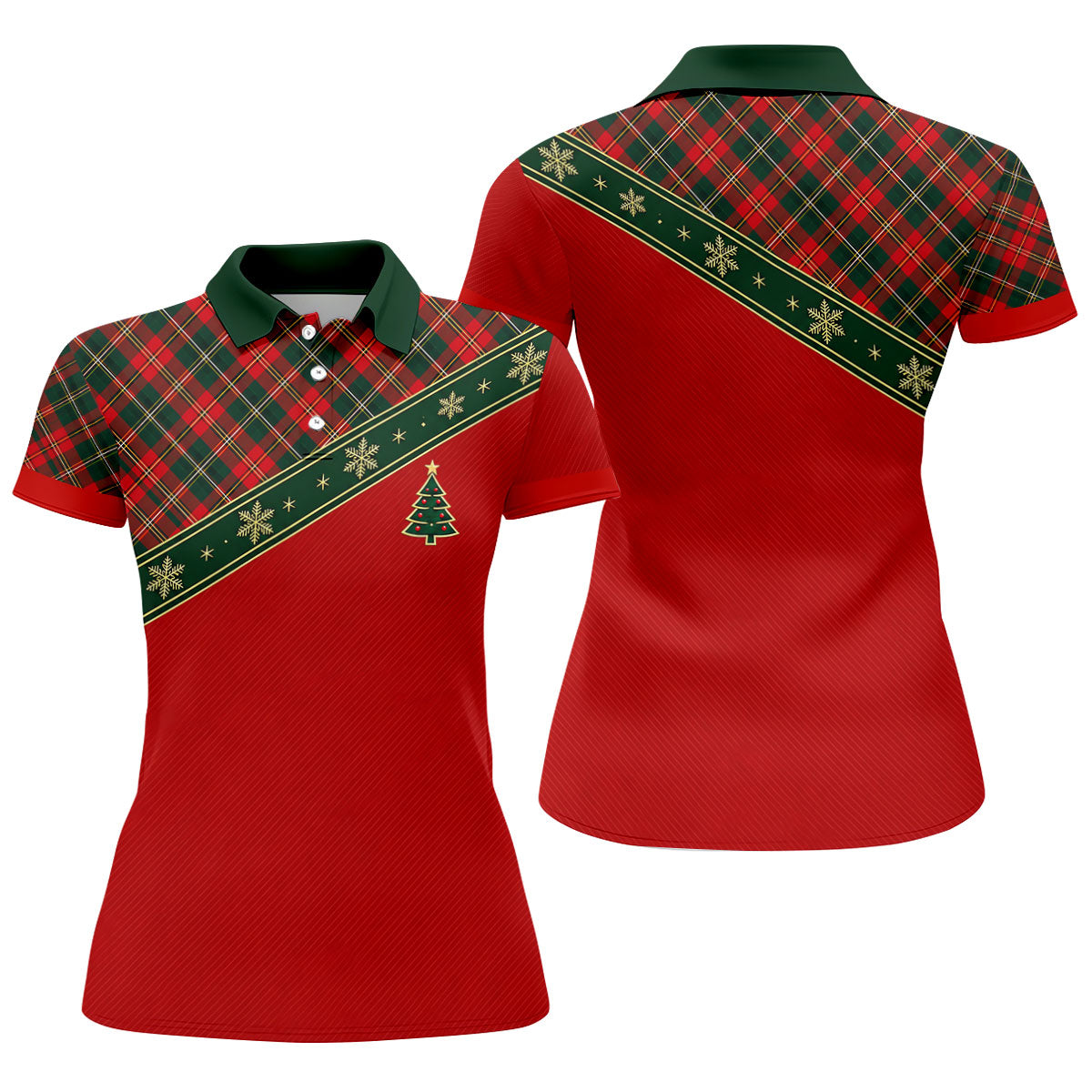 Red Plaid Snowflake Tree Christmas Golf Shirt, Womens Golf Tops, Ladies Golf Shirts