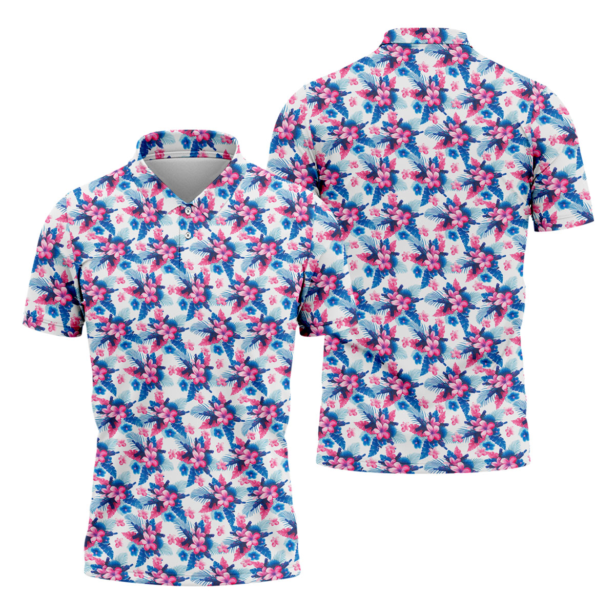 Pink Blue Tropical Floral Hawaiian Golf Shirt, Vibrant Color Golf Shirts For Men