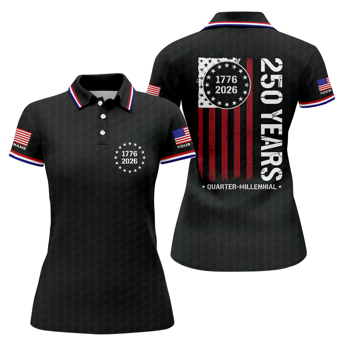 250 Years Quarter Millennnial Golf Ball Pattern Black Patriotic Golf Shirt, 4th Of July Golf Shirt For Women