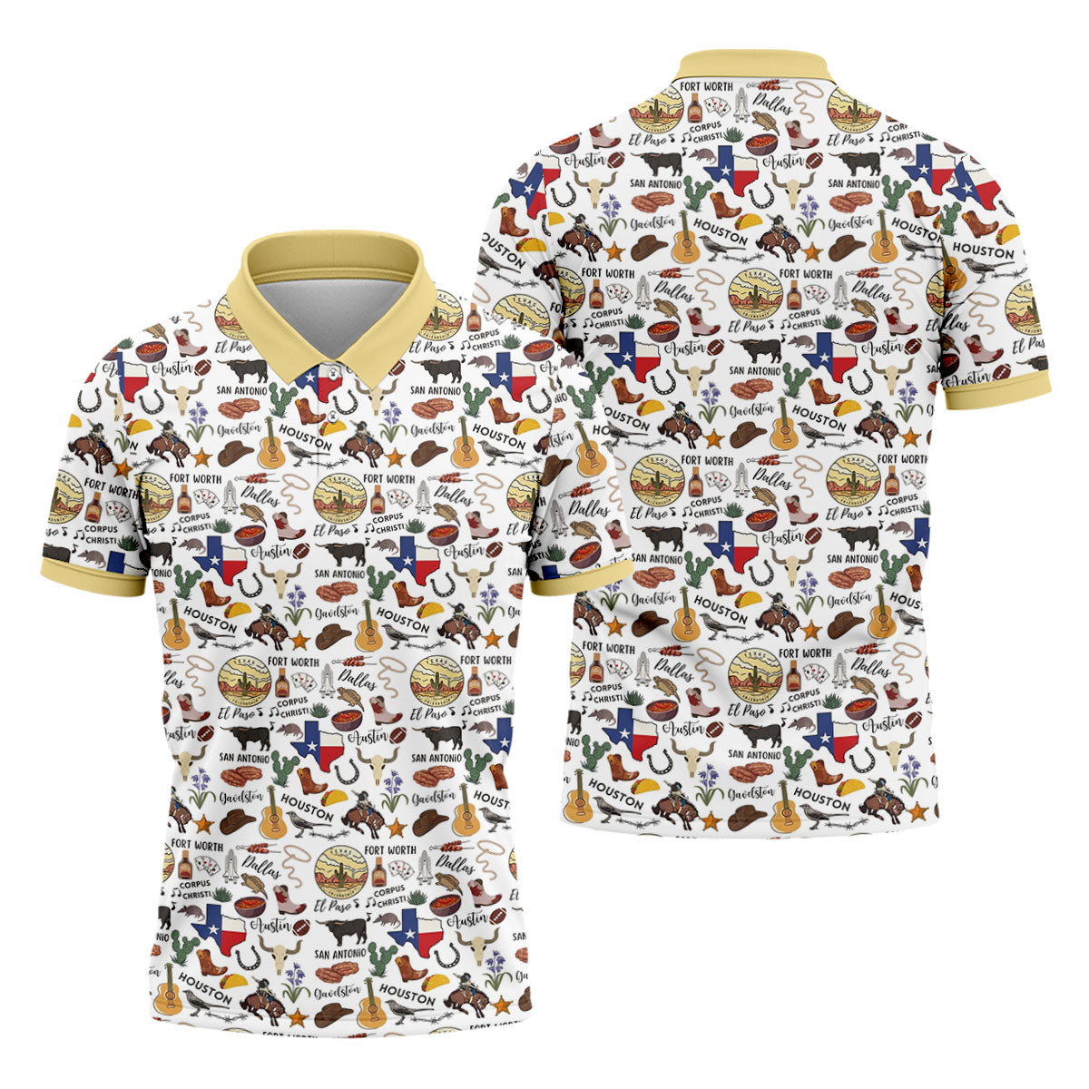 Texas Symbols Western Theme Doodle Style Golf Tops For Men, Polo Shirts For Men, Golf Shirts For Men
