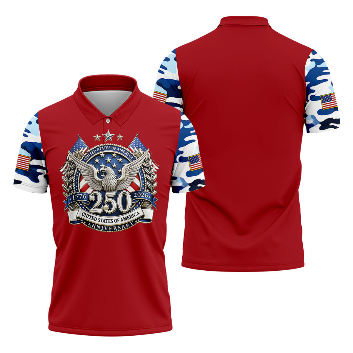 Patriotic Bald Eagle Blue And White Camo Red Golf Shirt, 250th Anniversary Golf Shirts For Men