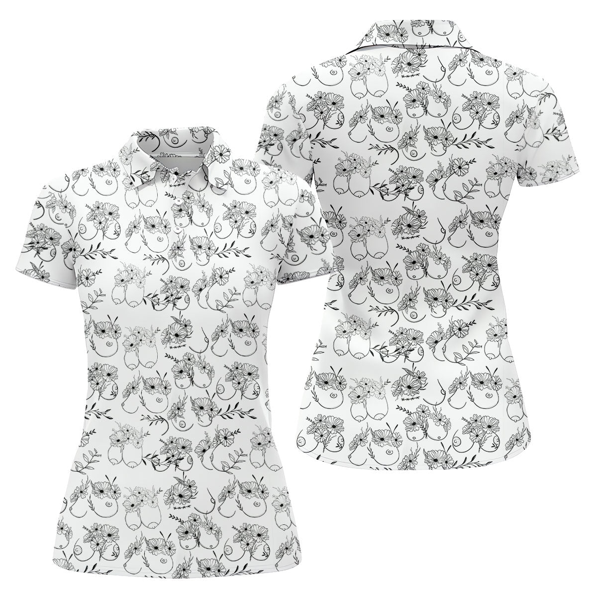 Floral Boobs Line Art Golf Polo Shirt, Women's Golf Shirts, Golf Apparel For Women