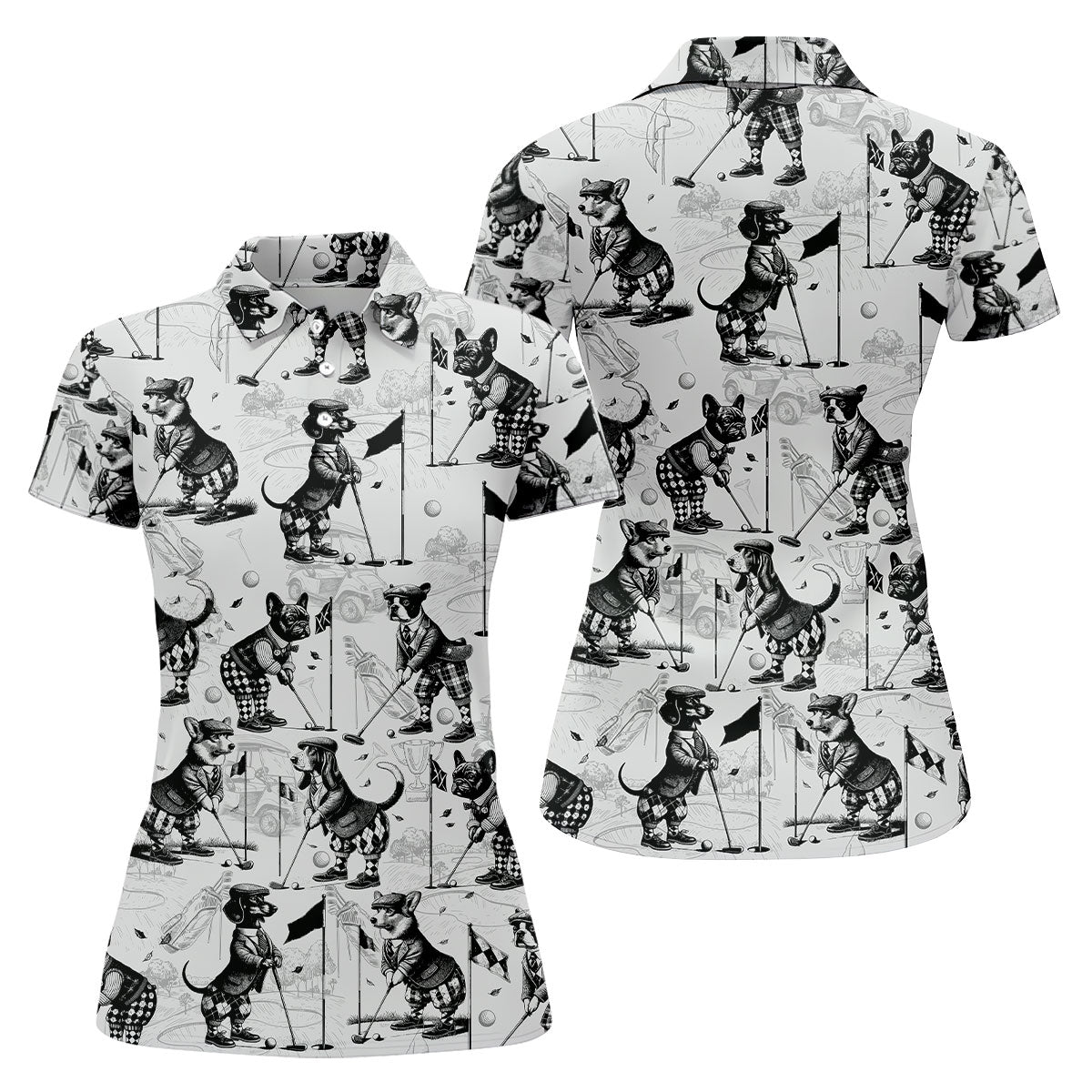 Vintage Golfing Dogs Pattern Golf Polo Shirt, Women’s Golf Polo, Golf Tops For Women