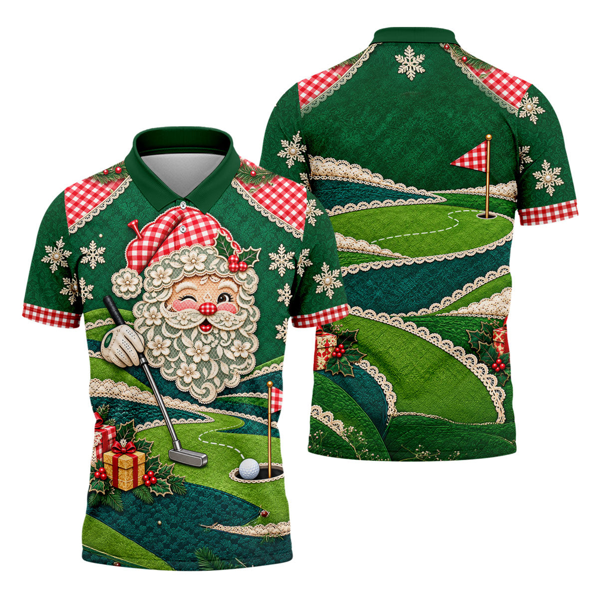 Christmas Winking Santa Golf Polo Shirt, Christmas Golf Shirt, Mens Golf Apparel