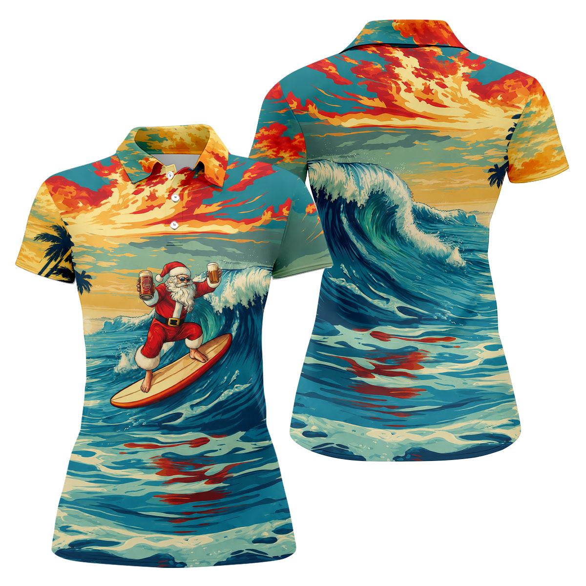 Tropical Surfing Santa Sunset Christmas Golf Shirt, Women's Golf Tops, Hawaiian Golf Shirt