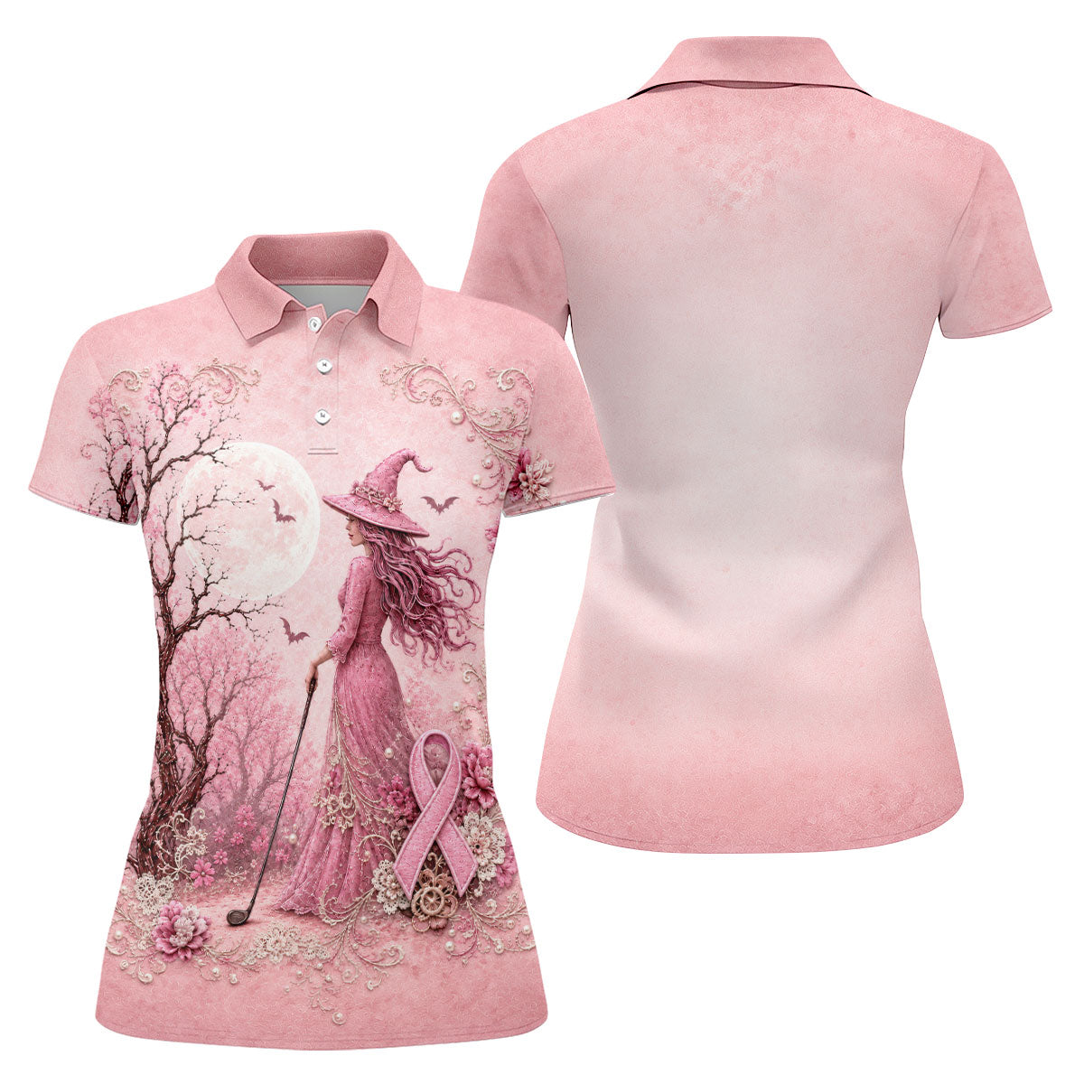 Breast Cancer Awareness Pink Witch Moon Women’s Golf Polo, Golf Shirts For Women