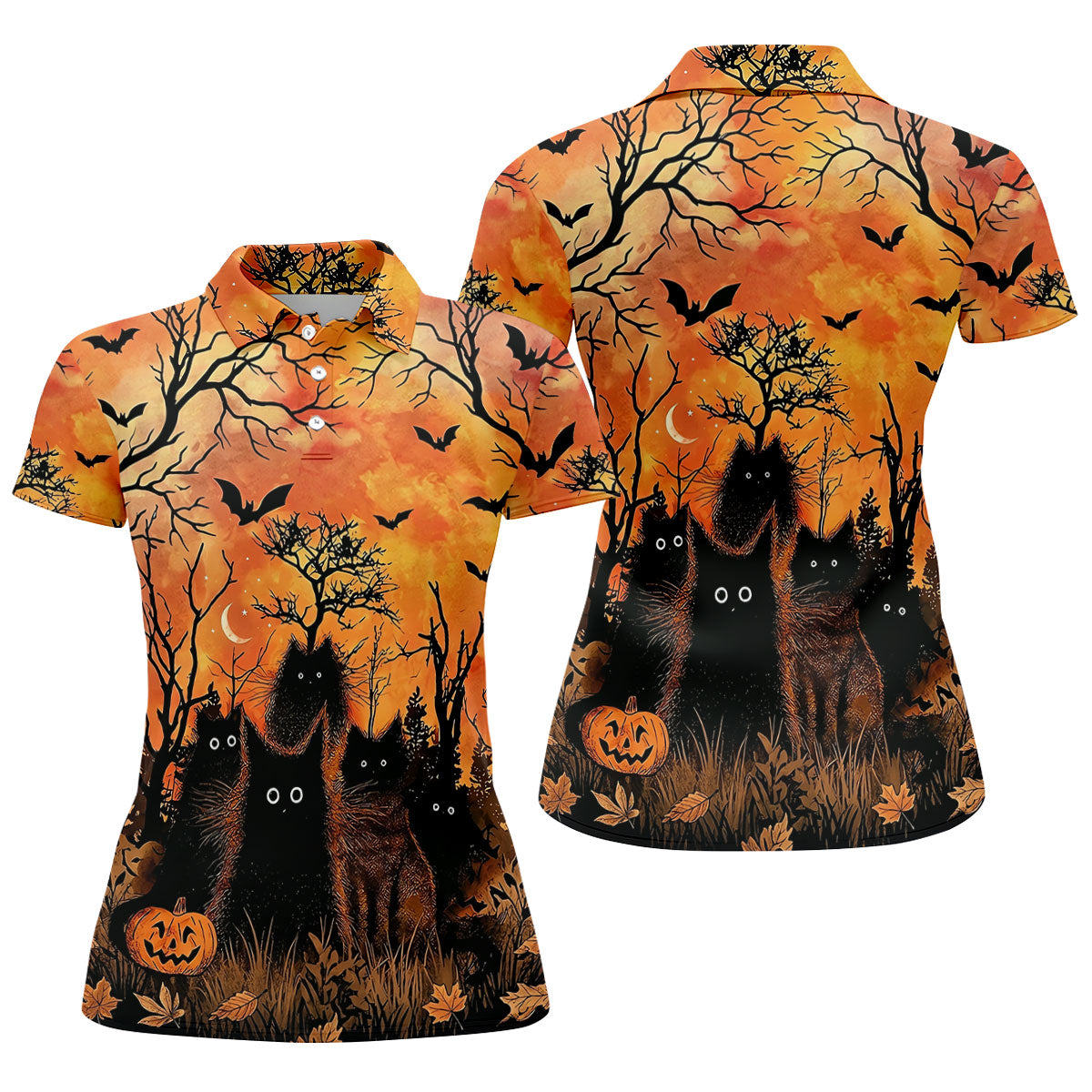Spooky Black Cat Halloween Golf Polo Shirt, Women's Golf Polo, Ladies Golf Shirts