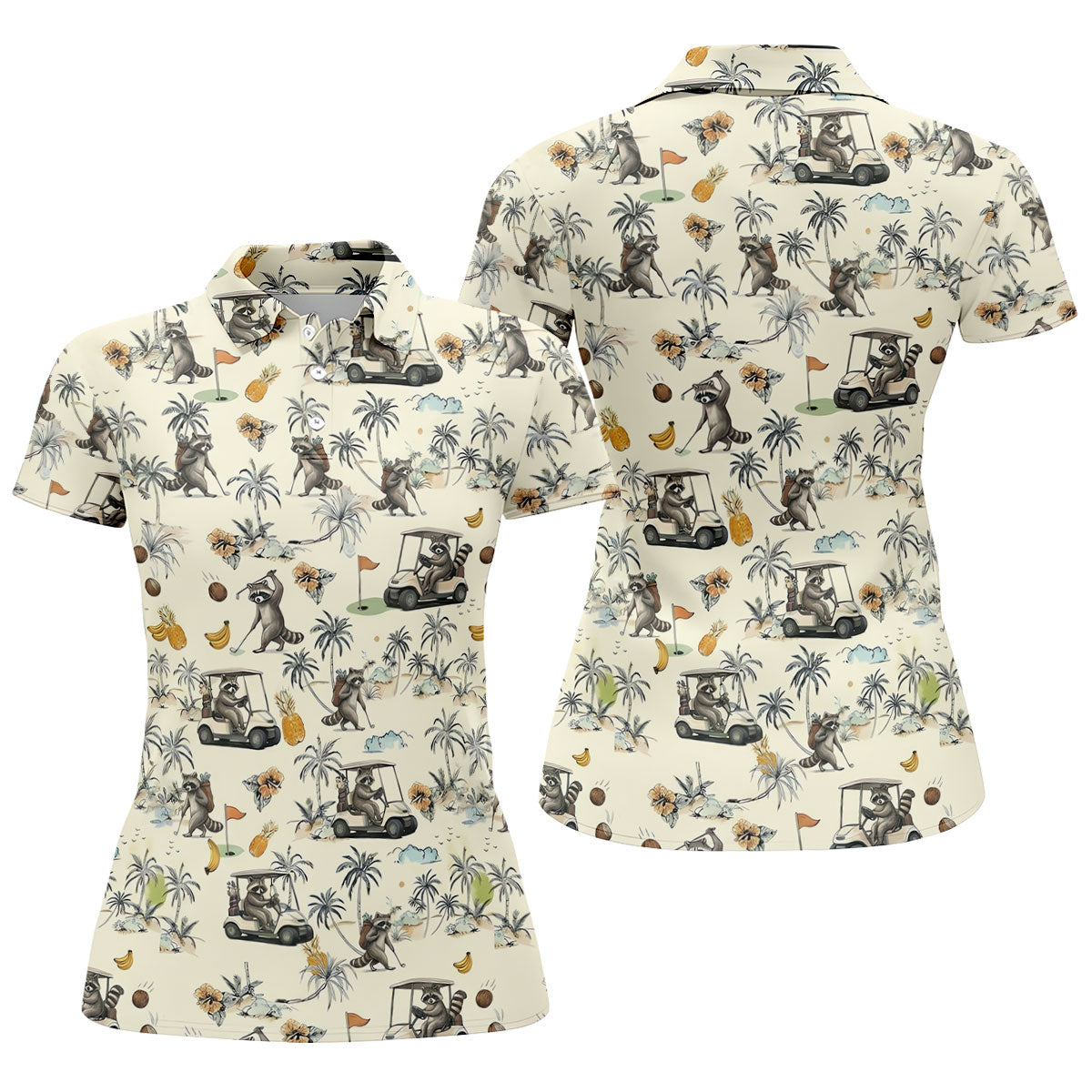 Funny Raccoon Golf Cart Tropical Pattern Polo Shirt, Womens Golf Polo, Ladies Golf Top