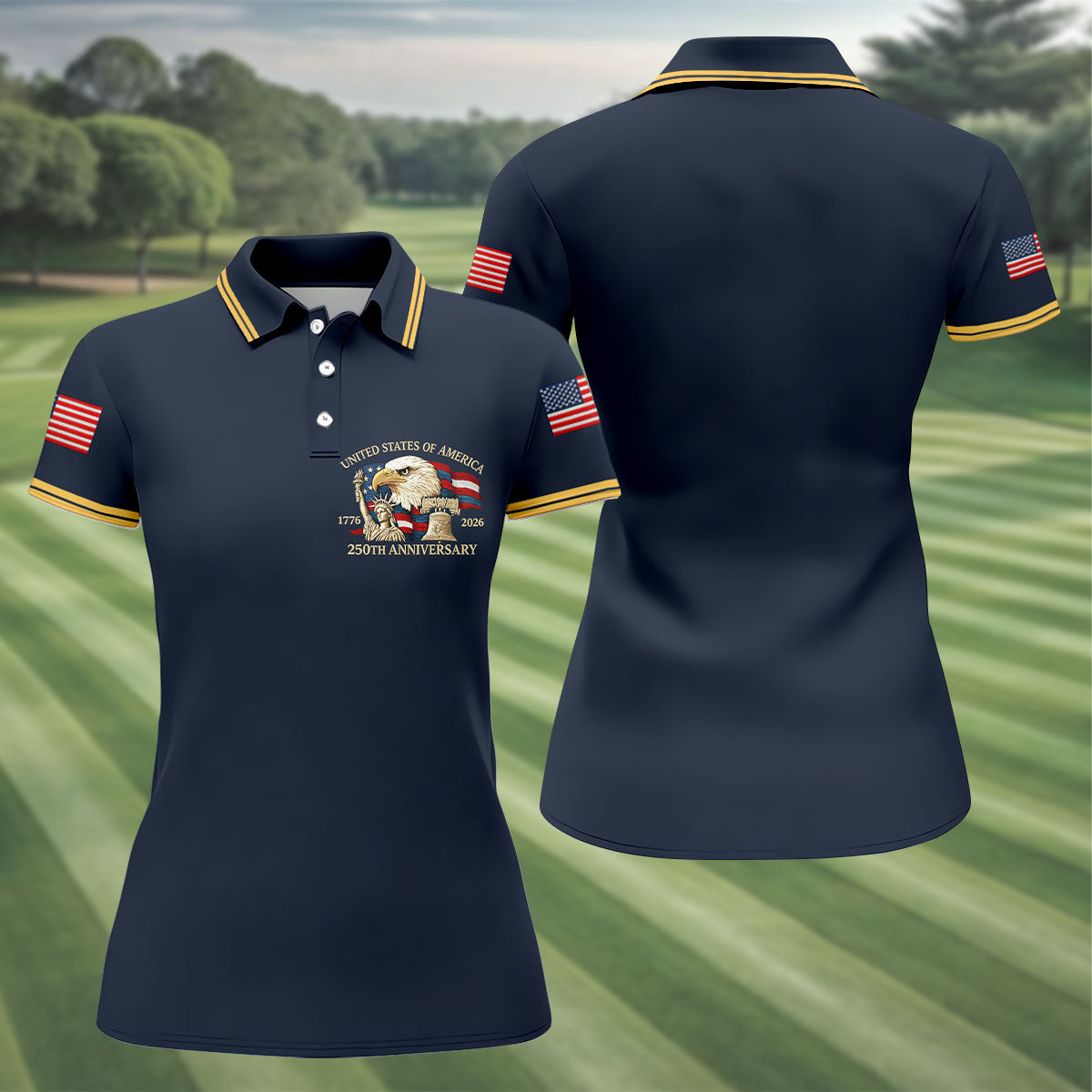 Bald Eagle American Flag 250 Years Navy Golf Shirt, Patriotic 4th Of July Golf Shirt For Women