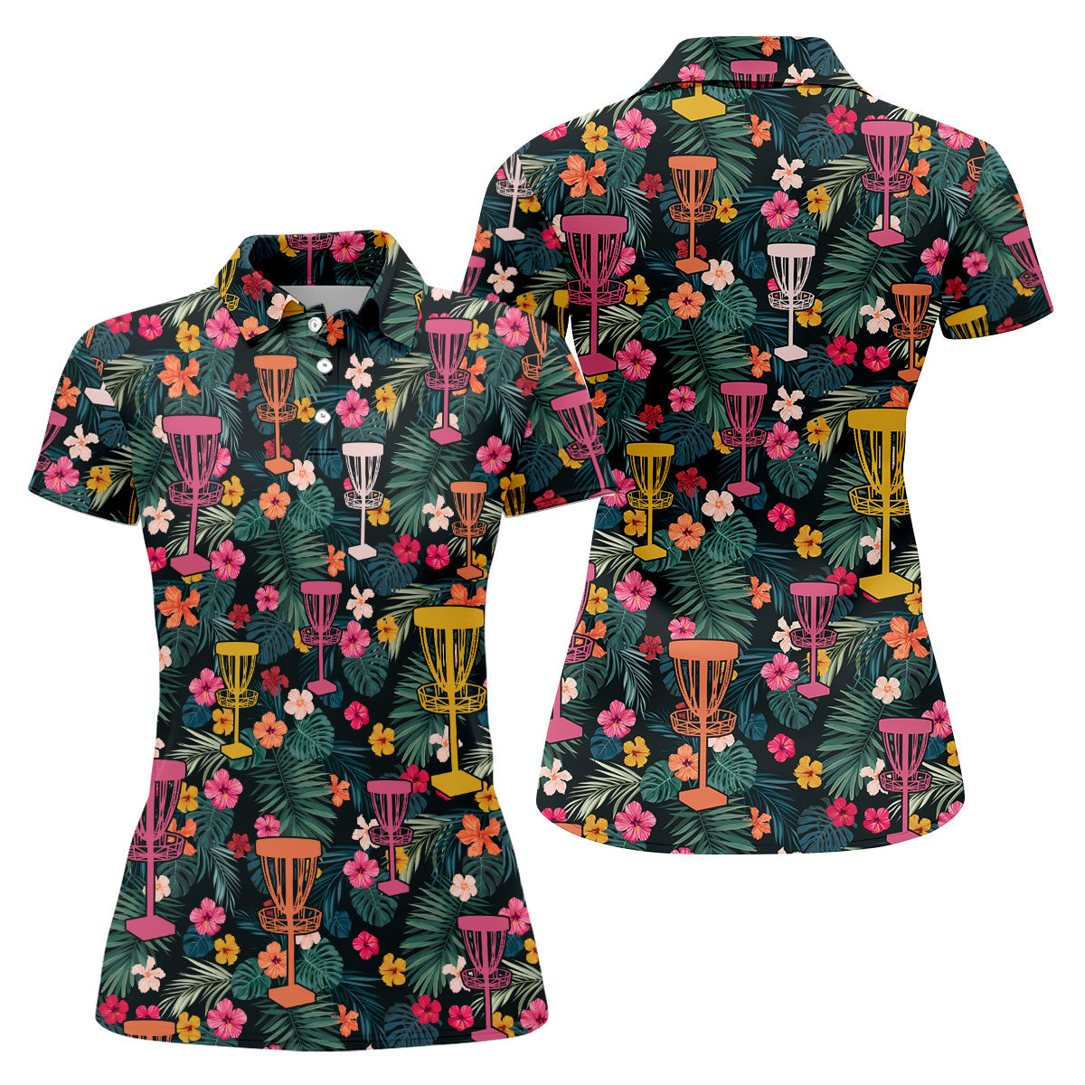 Dark Tropical Disc Golf Basket Polo Shirt, Women’s Golf Tops, Golf Polo For Women