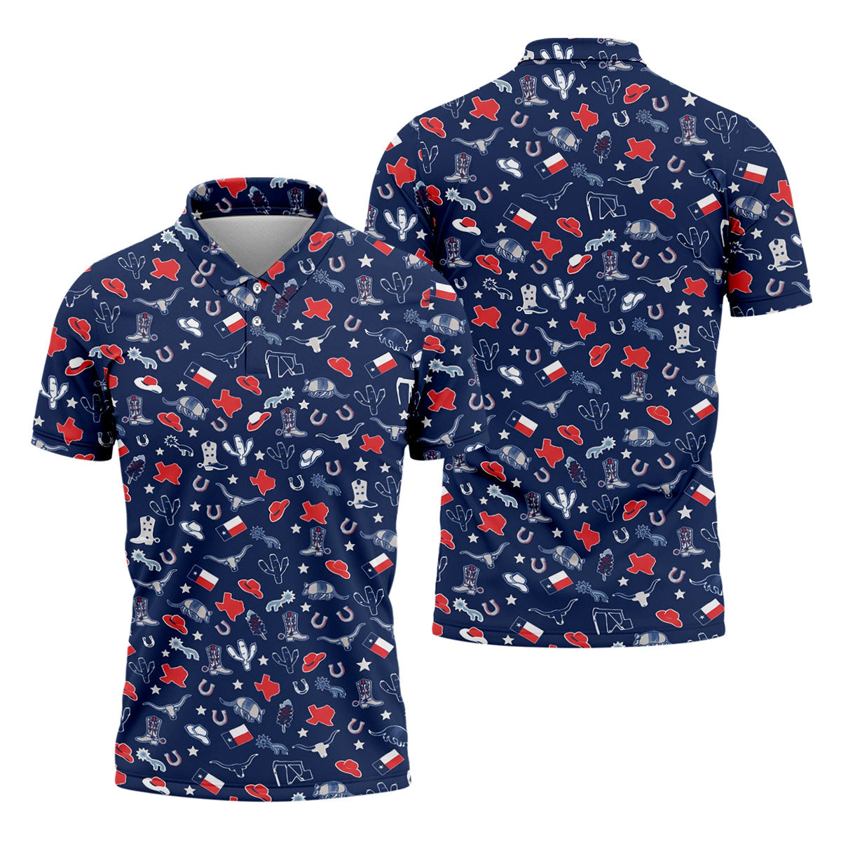 Navy Texas Western Pattern Golf Polo Shirt, Mens Golf Shirts, Hawaiian Golf Shirt