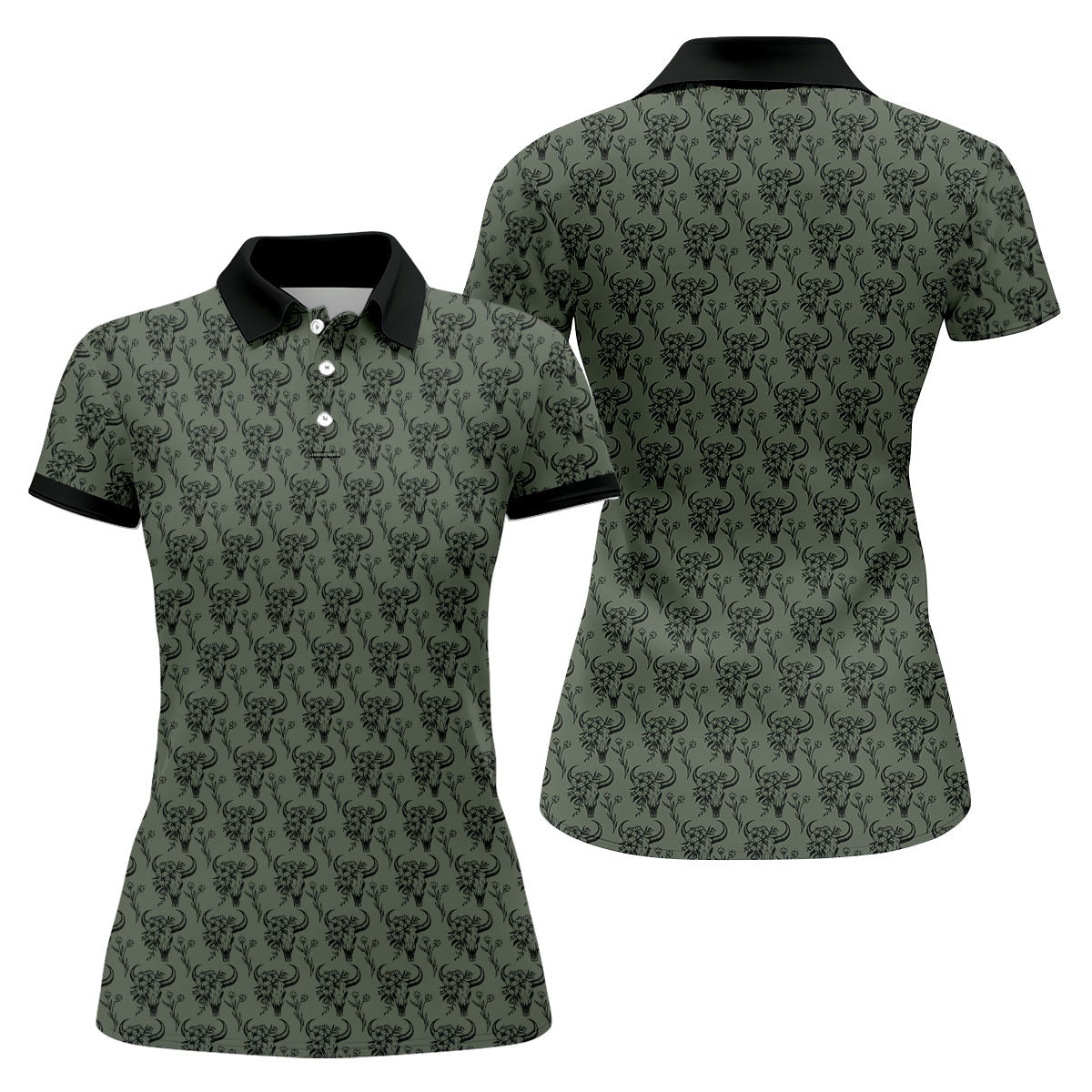 Cow Skull With Flowers Western Theme Forest Green Women Golf Top, Ladies Golf Shirts, Golf Shirt For Women