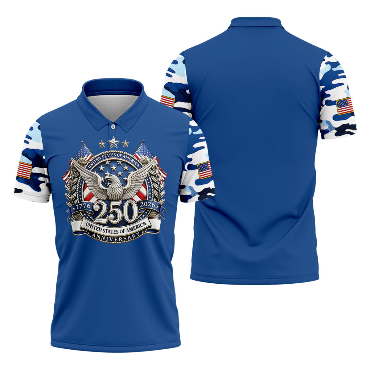 Patriotic Bald Eagle Blue And White Camo Blue Golf Shirt, 250th Anniversary Golf Shirts For Men