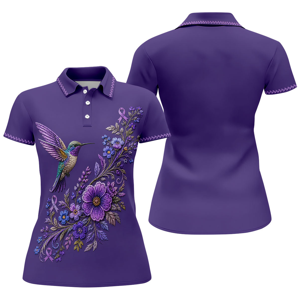 Purple Hummingbird Cancer Awareness Polo Shirt, Womens Sleeveless Golf Shirt, Ladies Golf Top