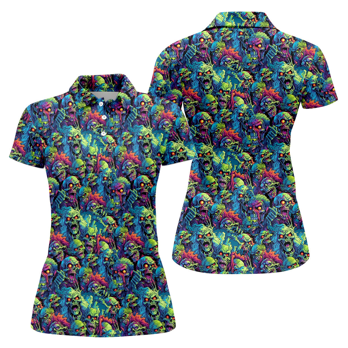 Colorful Zombie Head Pattern Halloween Golf Polo Shirt, Women's Golf Tops, Ladies Golf Shirt