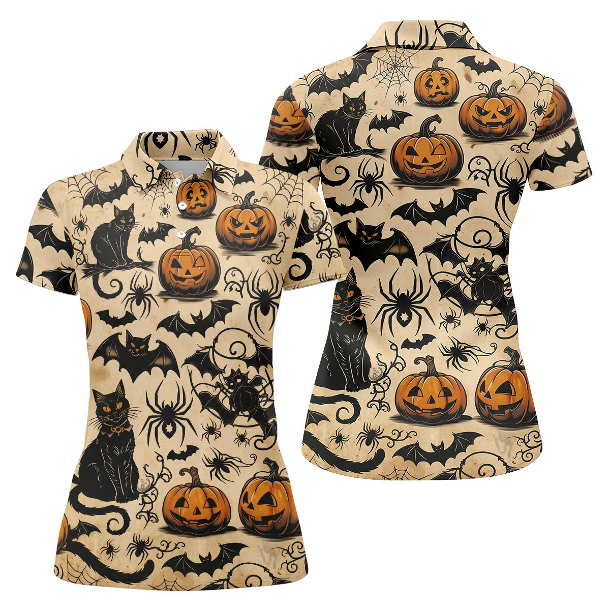 Vintage Halloween Cat Pumpkin Pattern Golf Polo Shirt, Womens Golf Polo, Ladies Golf Shirts