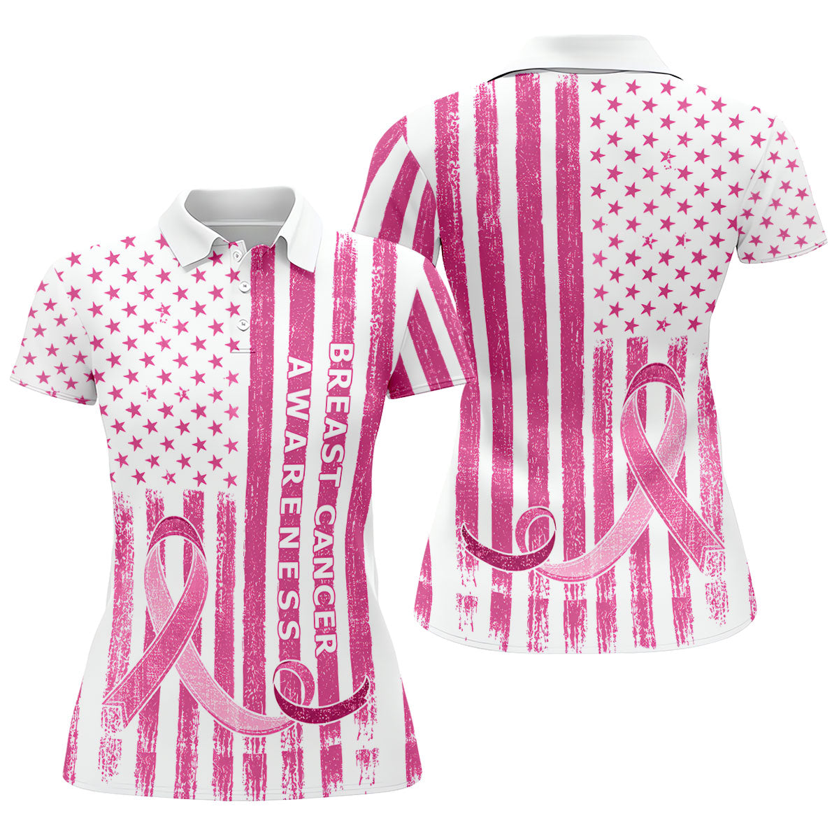 American Flag Breast Cancer Ribbon Polo Shirt, Women’s Golf Polo, Ladies Golf Tops