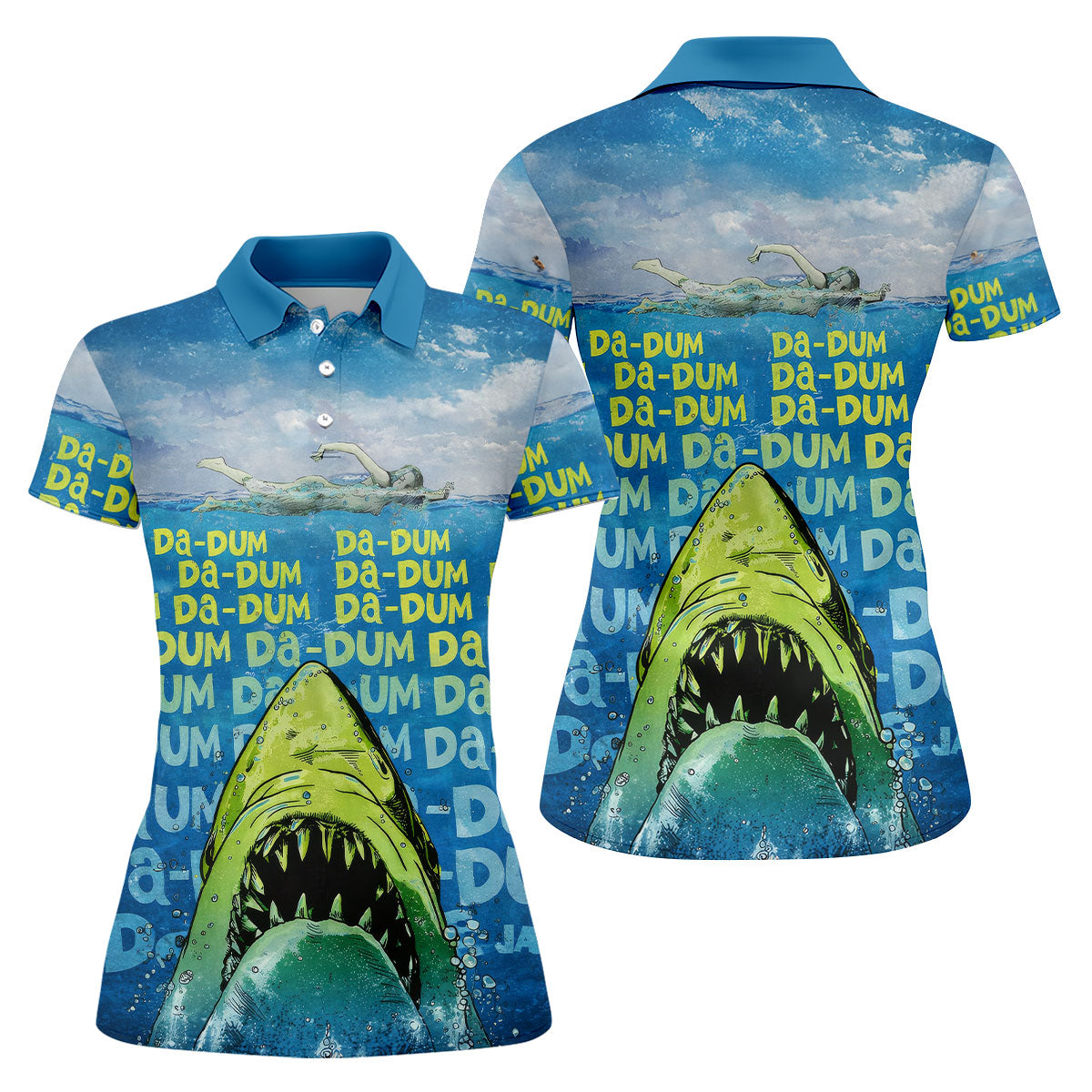 Funny Shark Da Dum Ocean Attack Golf Polo Shirt, Golf Shirts For Women, Women's Golf Apparel