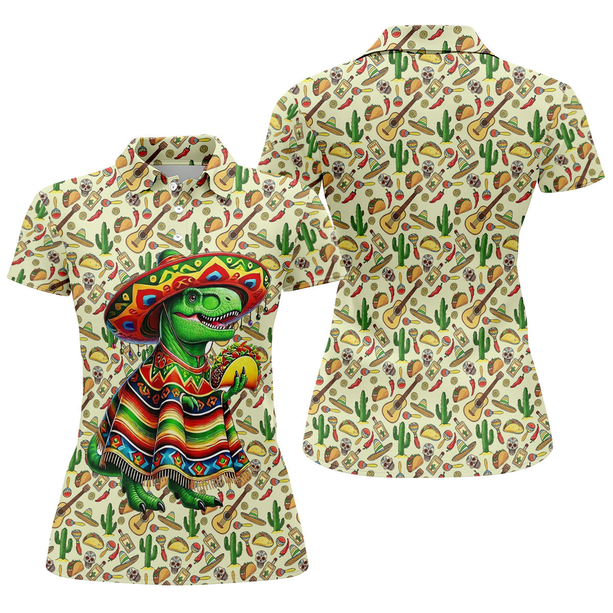 Dinosaur Taco Fiesta Time Ladies Golf Tops, Cinco De Mayo Celebration Golf Shirt For Women