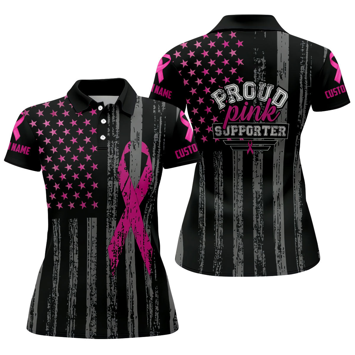 Custom Proud Pink Supporter Breast Cancer Polo Shirt, Golf Tops For Women, Ladies Golf Top