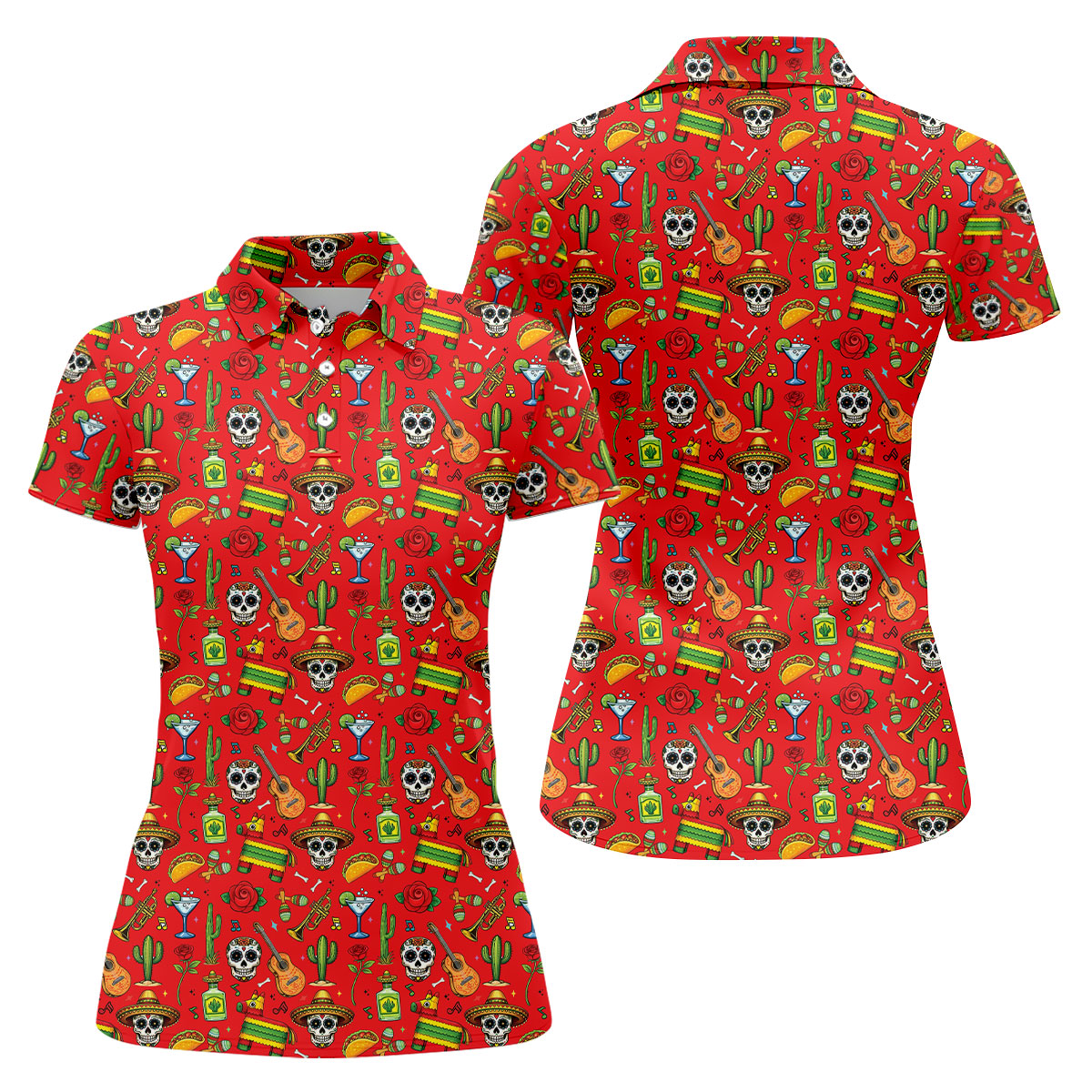 Decorated Skulls Party Items Cinco De Mayo Celebration Fiesta Themed Red Golf Shirt For Women