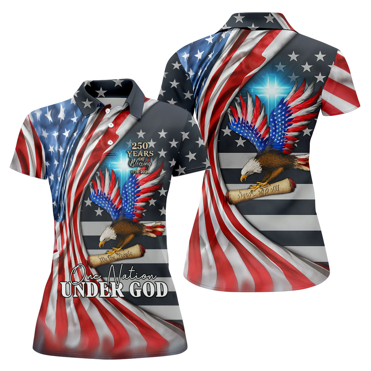 One Nation Under God 250 Years Of Blessing Patriotic Golf Shirt, 4th Of July Women's Golf Tops