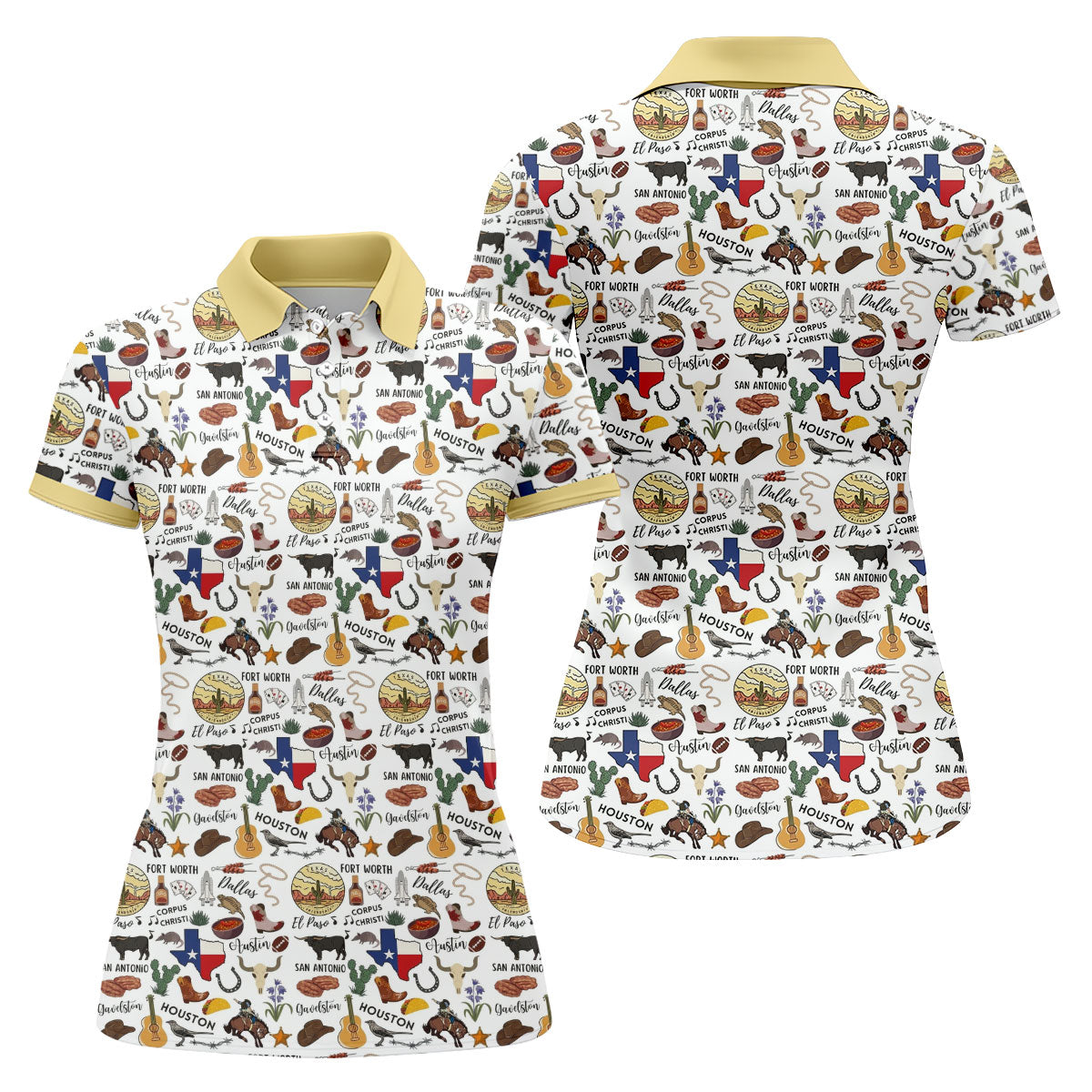 Texas Symbols Western Theme Doodle Style Women Golf Top, Ladies Golf Shirts, Golf Shirt For Women