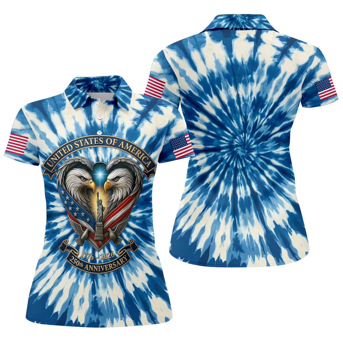 USA 250th Anniversary Tie Dye Print Bald Eagle Golf Shirt, Patriotic 4th Of July Golf Shirt For Women
