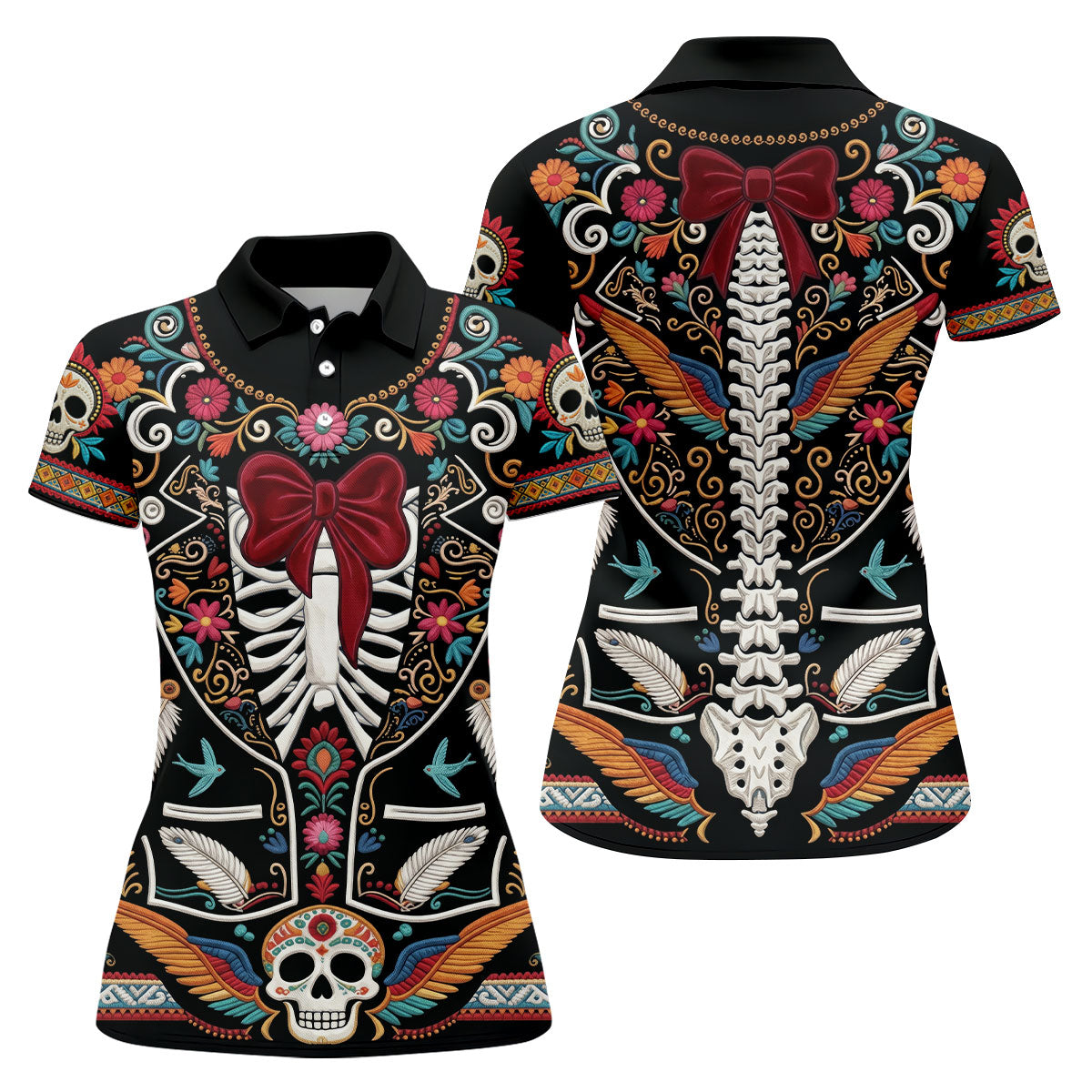 Skeleton With Flower Cinco De Mayo Celebration Ladies Golf Tops, Fiesta Theme Golf Shirt For Women