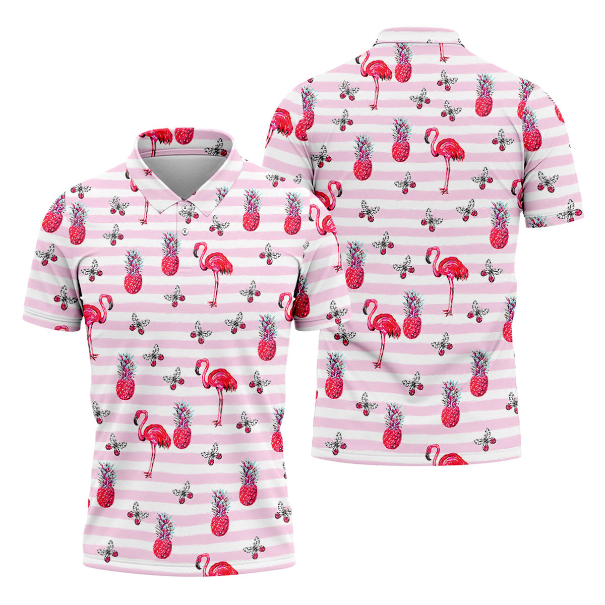 Pink Flamingo Pineapple Hawaiian Golf Polo Shirt, Polo Shirts For Men, Printed Golf Shirts