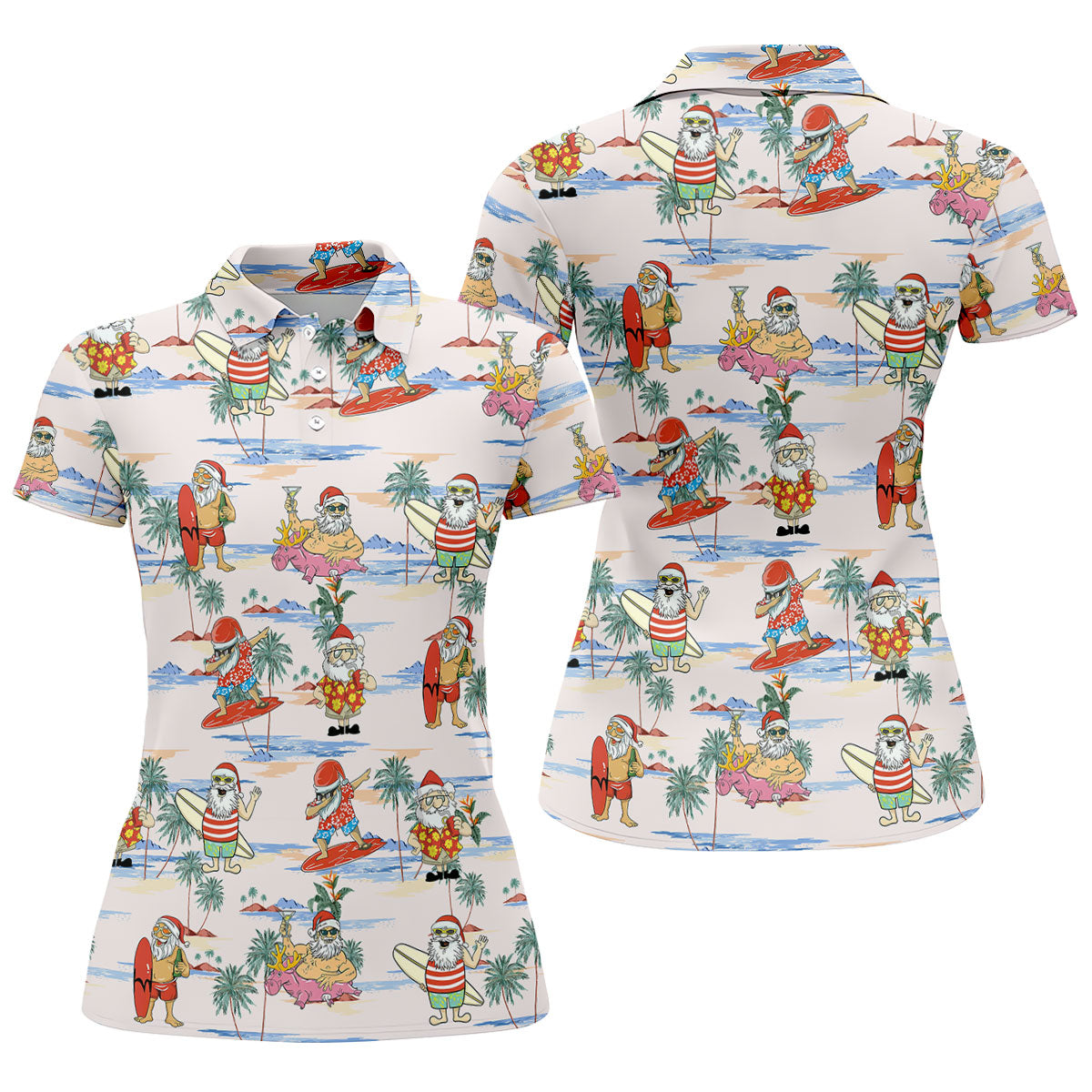 Funny Tropical Santa Christmas Golf Shirt, Women's Golf Tops, Hawaiian Golf Shirt, Printed Golf Shirt