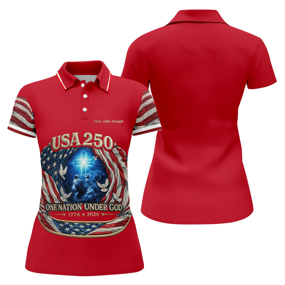 One Nation Under God Faith Cross USA 250 Red Golf Shirt, 4th Of July Golf Shirt For Women