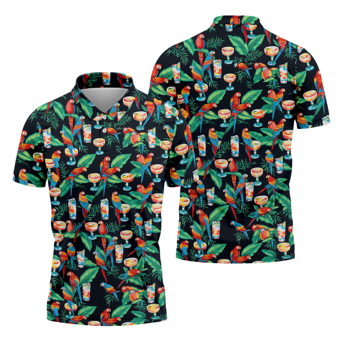 Colorful Parrots Margaritas Cinco De Mayo Celebration Fiesta Themed Tropical Pattern Golf Shirts For Men